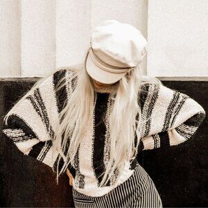 Billabong Easy Going Striped Sweater Oversized Slub Knit Top Cream Black Small